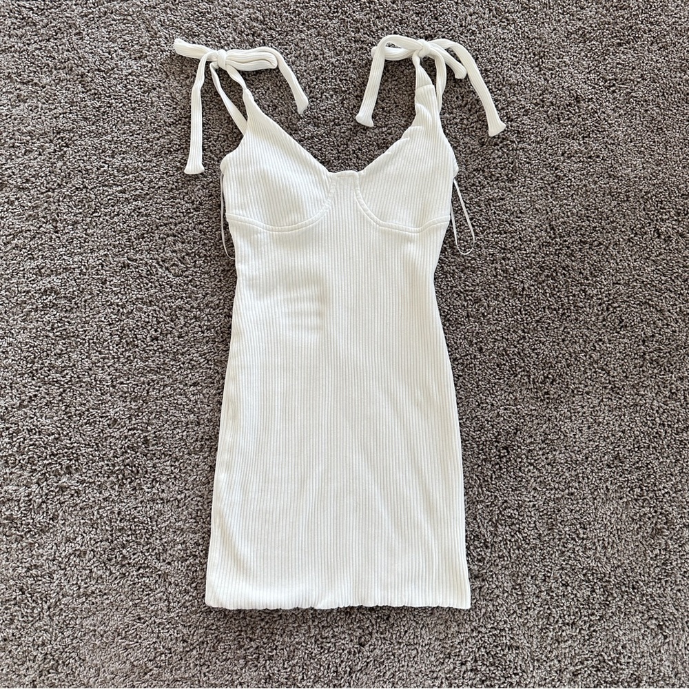 CELLECCİ White Ribbed Mini Dress - Size S - Tie Shoulder Bustier Style